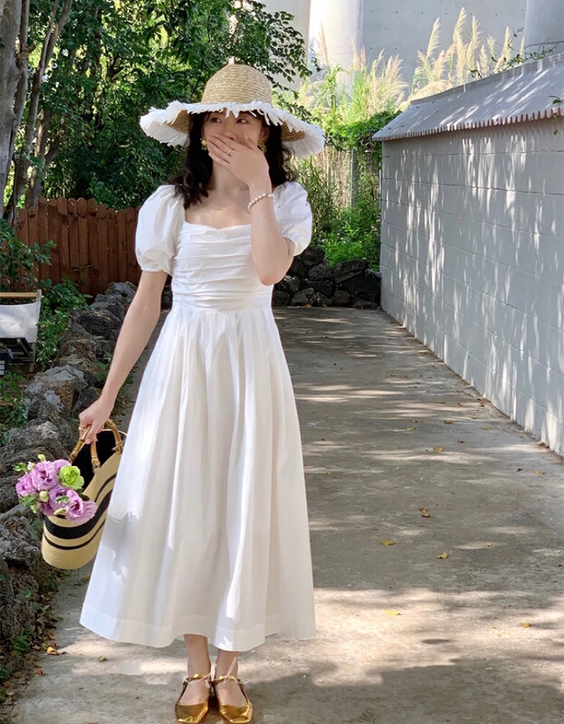 [by] French soft square neck bubble sleeve dress 7750\cl