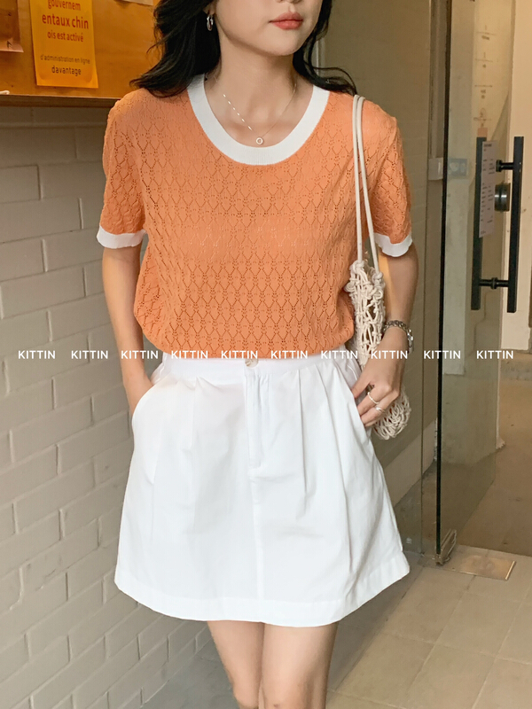 [Kittin] Korean color contrast hollow out sweater 198