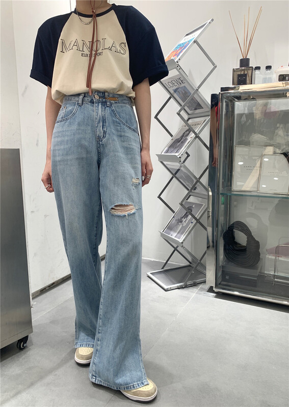 [t-platform] Korean style straight tube versatile ripped jeans 8392\zxx