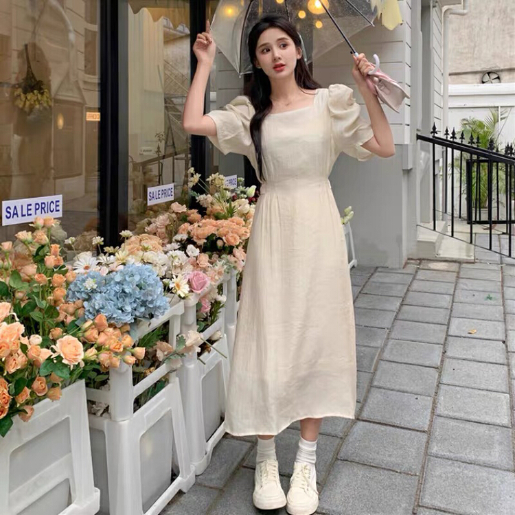 [jun.t] fresh and simple square neck bubble sleeve waist dress 6162\pcz