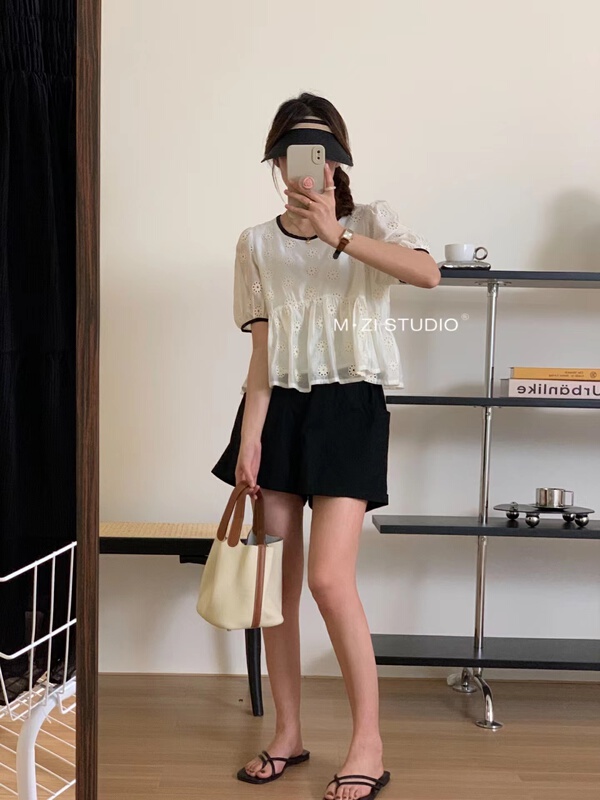 [m.zi studio] contrast round neck embroidery versatile shirt 5883\hbx