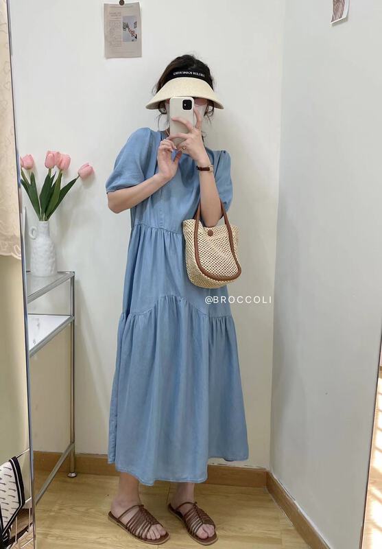 【 broccoli 】 round neck versatile bubble sleeve loose dress 8086\zjy