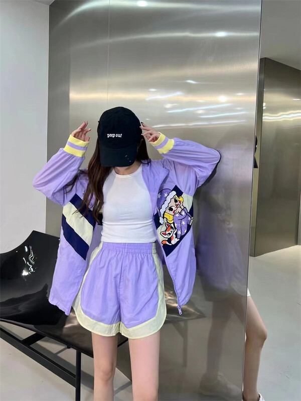 [big C studio] cartoon embroidery hooded sunscreen shirt + casual shorts two piece suit ys1-5187\pcz