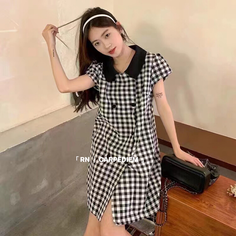 [R n] Korean retro sweet contrast collar Plaid Dress 81219\ll