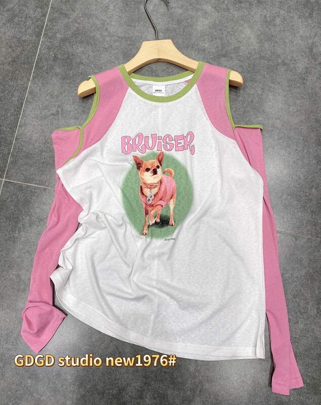 [gdgd] Korean mosaic color contrast exposed shoulder sunscreen shirt 1976\wtt