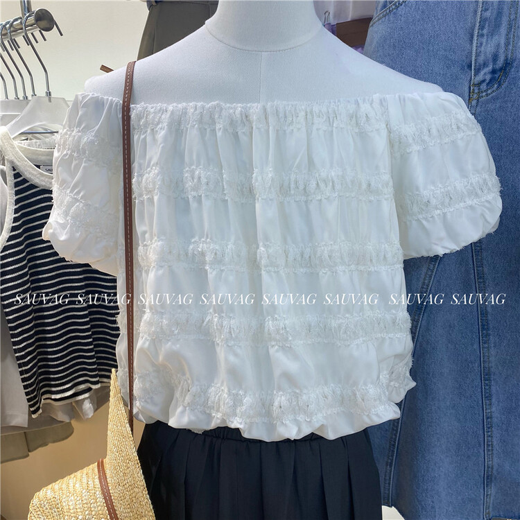 [sauvag] solid color one line collar bubble sleeve pleated shirt 728\zjy