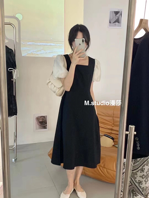 [MSTUDIO MANSA] simple temperament square neck patchwork dress 6716\ll