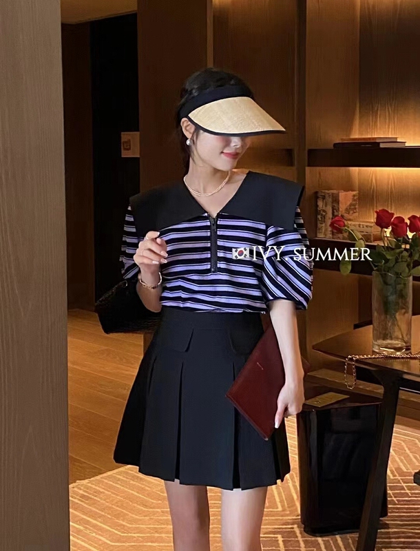 [Anan] striped Lapel Pullover blouse + high waist slim skirt suit 2136\wtt