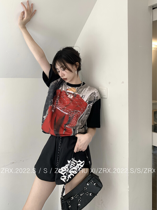 [zhengruxi] European and American fashion loose printed short sleeve T-shirt 11698\wtt