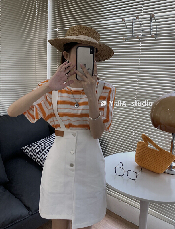 [y.jia EJA] simple stripe short sleeve T-shirt + versatile buckle strap skirt set ys1-1030\pcz