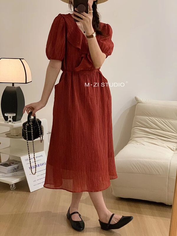 [m.zi studio] simple and fresh flower V-neck dress 16127\hbx