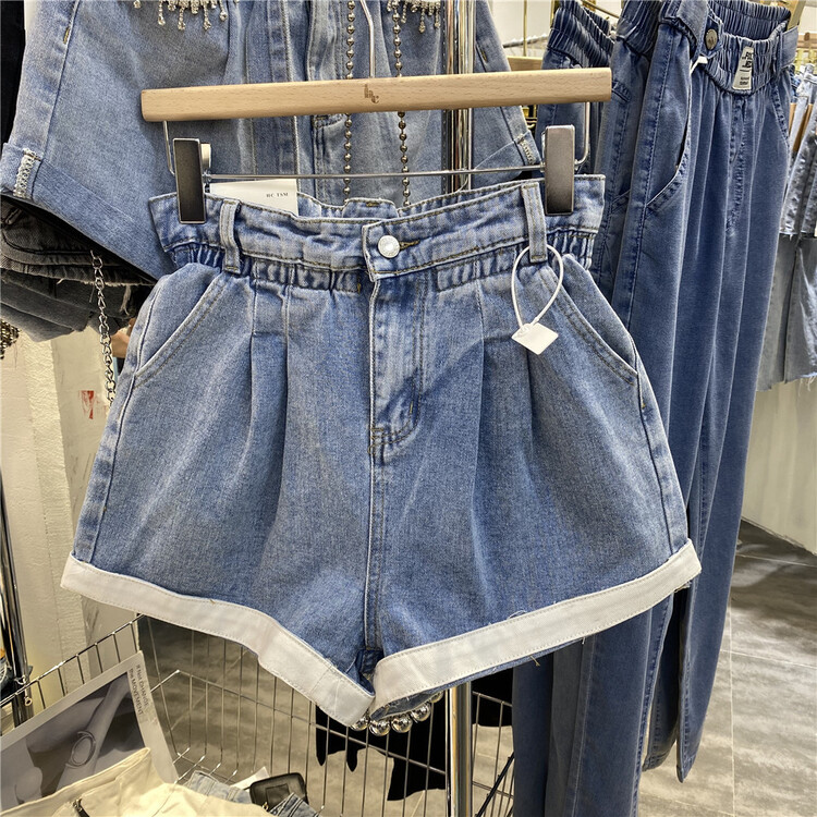 [Han Xier] fashion design hem contrast denim shorts a2301\hbx