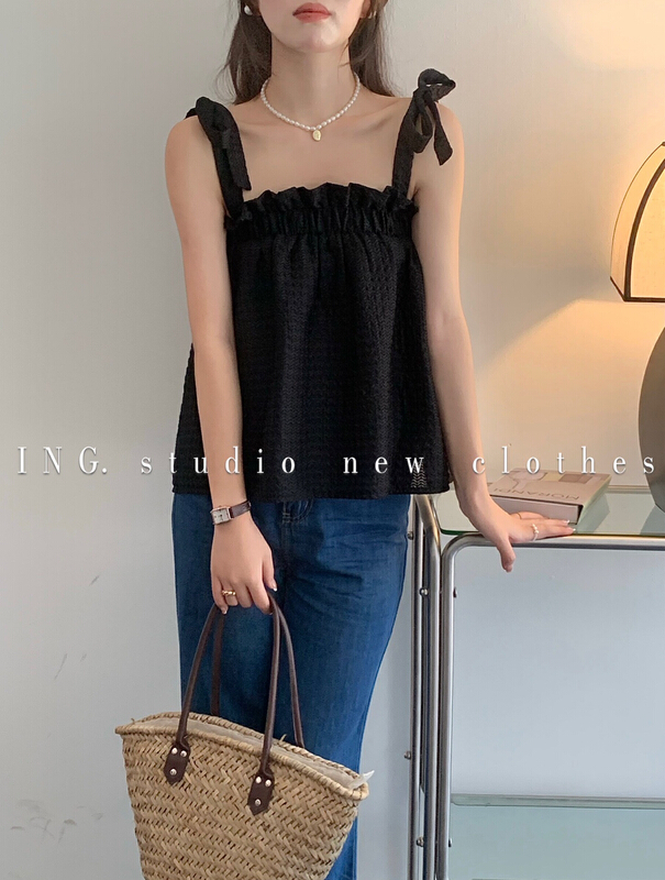 [ing] sweet bubble lattice strap BOW STRAP tank top 9095