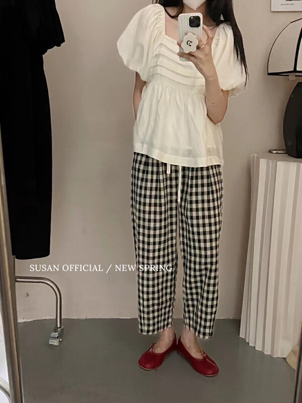 【 Susan 】 Plaid wide leg slim casual pants 19172\lsw
