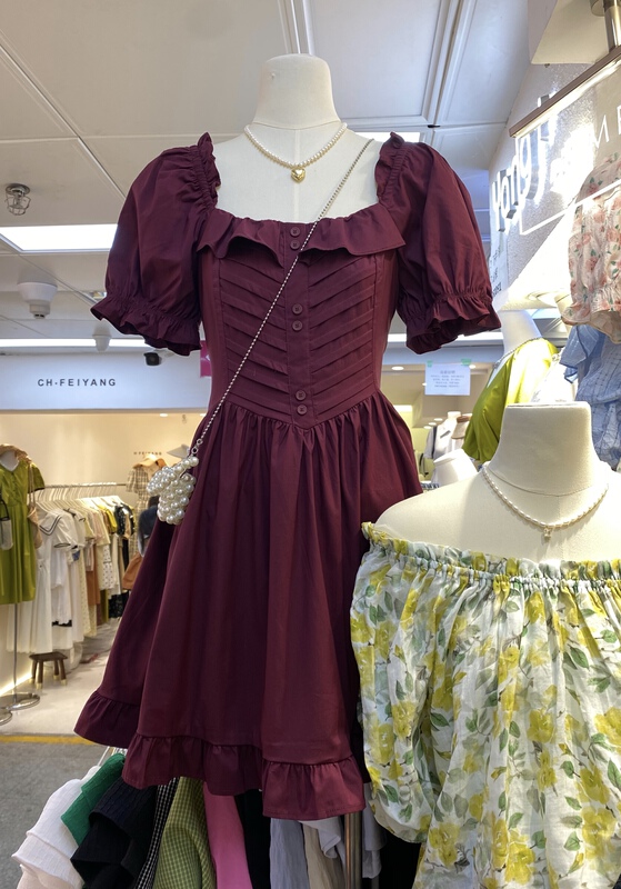 [amega] square neck retro bubble sleeve dress 6290\hbx