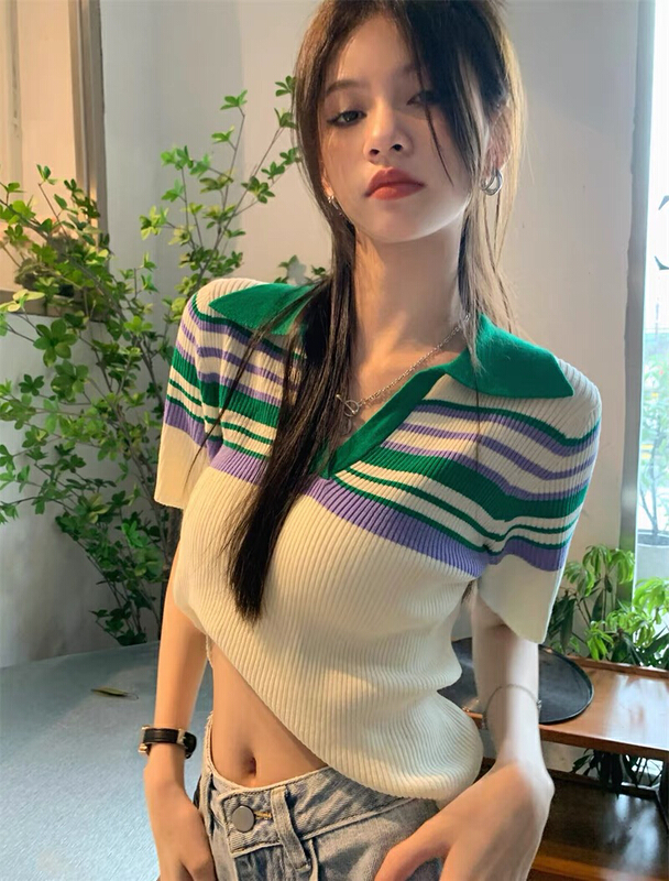 [f · P] retro aging Polo neck stripe versatile T-shirt 6a66\hbx