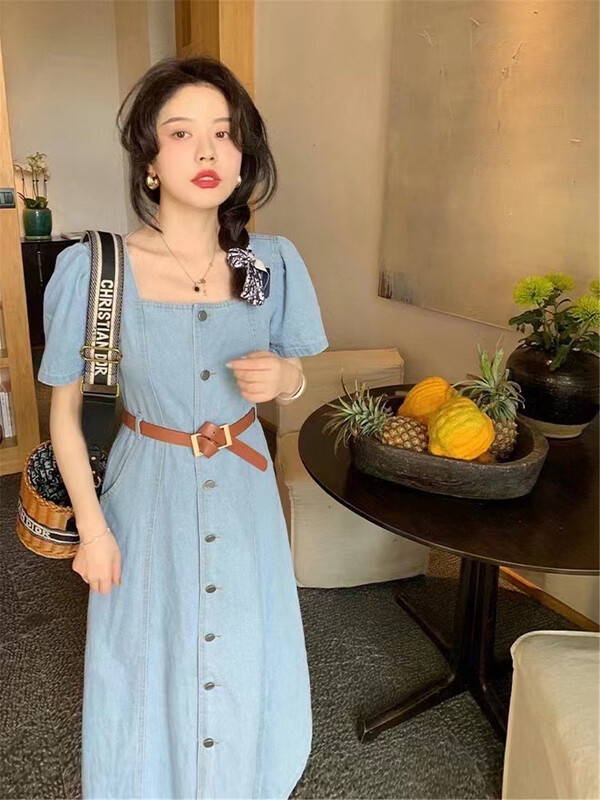 [Han C family] square neck single breasted medium length dress (with belt) ys1-8188\pcz