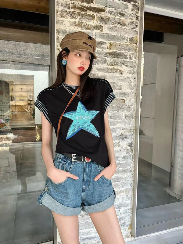 [big C studio] Street trend five pointed star round neck contrast loose short sleeve T-shirt 1126\pcz