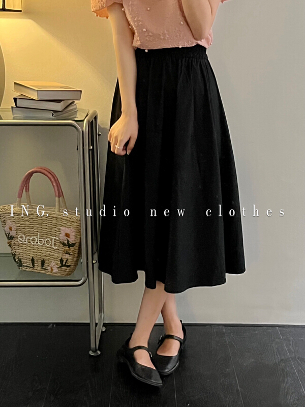 [ing] Korean pure color versatile elastic waist skirt ing-7842