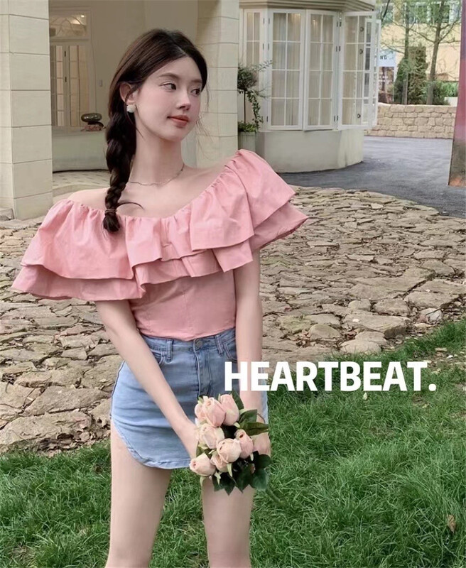 [hearteat] a line shoulder lotus leaf edge temperament sweet little shirt (only selling small shirts) 5107\zjy