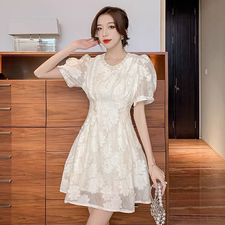 [chennnle] French round neck nail bead jacquard slim dress 9363\pcz