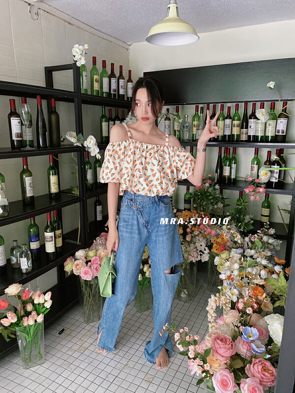 [MRA] irregular waist fashion pierced straight jeans M1903