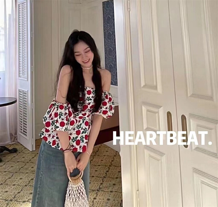 [hearteat] retro flower bra off shoulder shirt 569\zjy