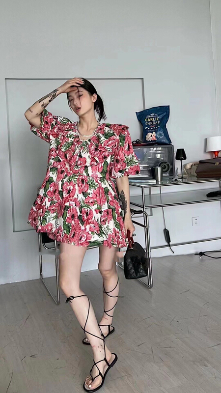 [mi ni] exotic lotus leaf collar Printed Dress 1147\pcz