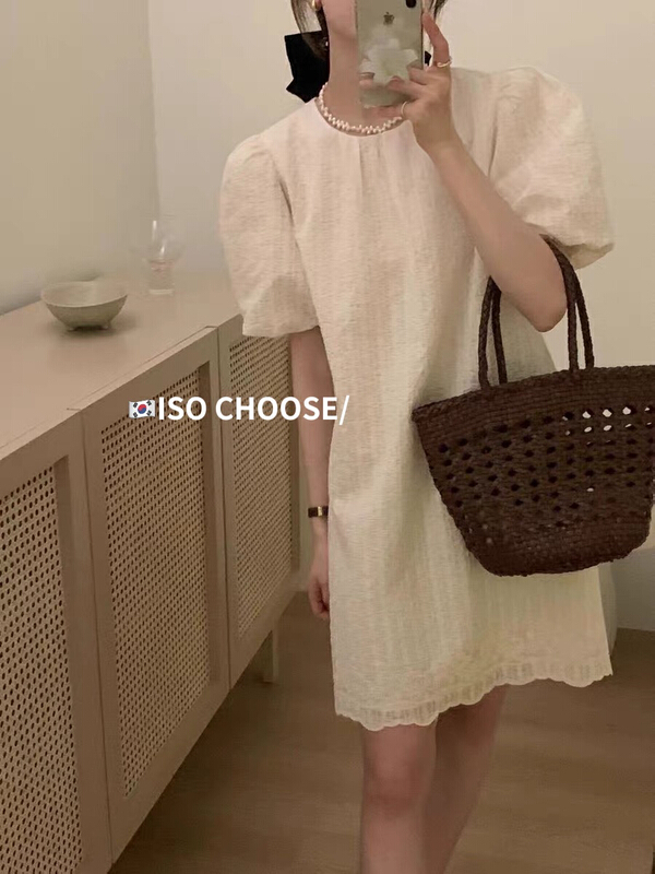 [ISO Korean] gentle wrinkle texture bubble sleeve dress 3182\hjy