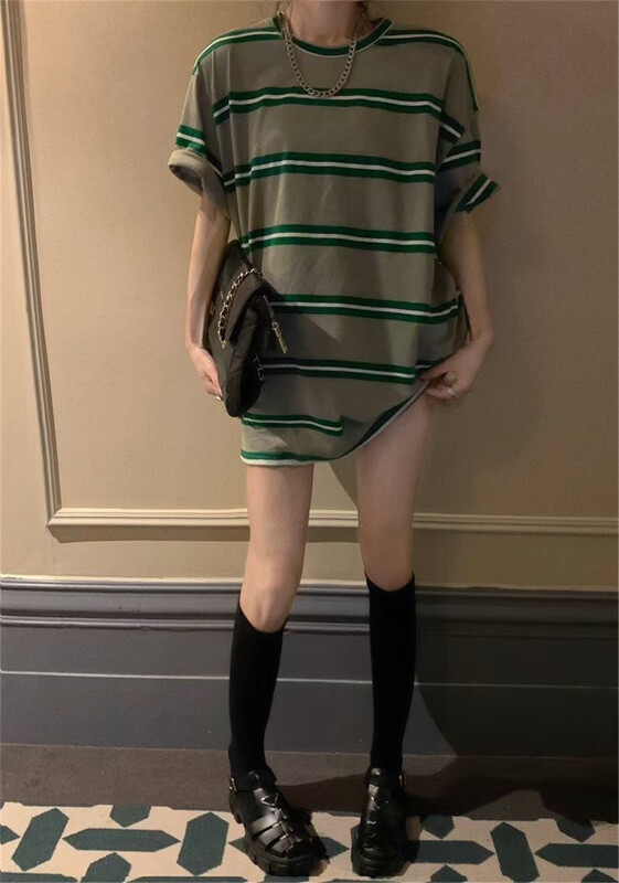 [cc+] round neck Pullover Stripe Unisex Casual Short Sleeve T-shirt 8373\l