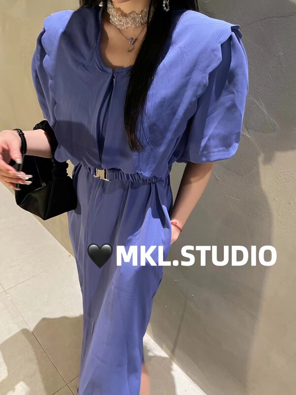 [Mikala] fresh and simple lace doll neck loose dress (with belt) 1006\pcz