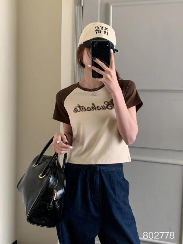 [June] Korean letter slim fitting short sleeve T-shirt 802778\xyy