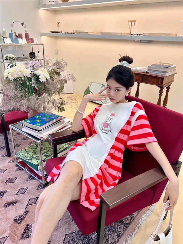 [big C studio] striped waist Bunny round neck dress 5173\pcz