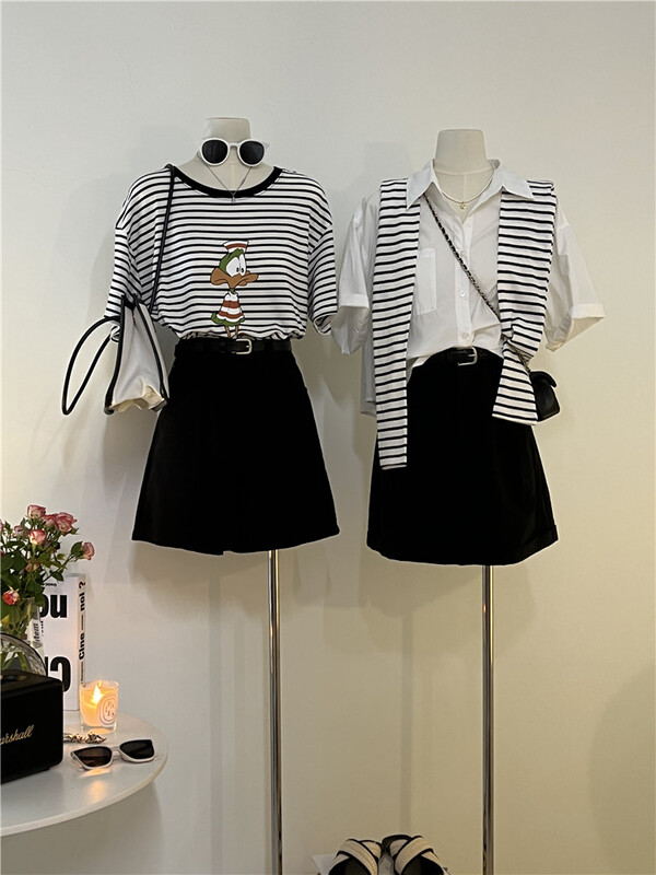 [h2-studio] casual stripe Mickey print short sleeve T-shirt a935\hbx