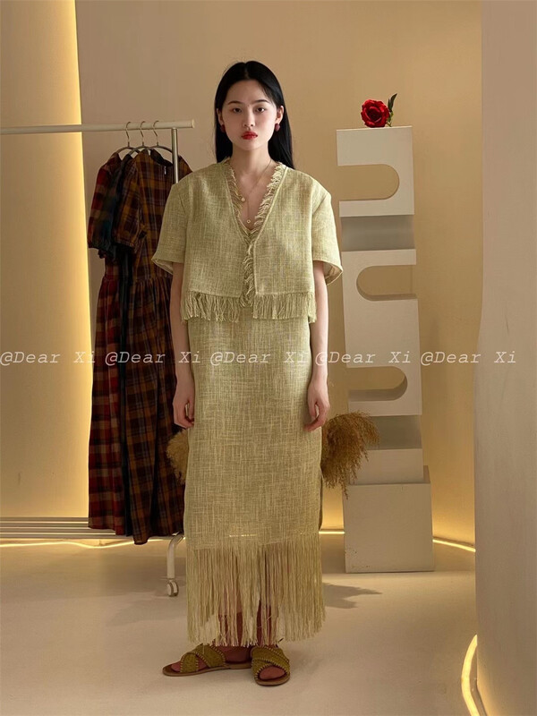 [far.xi] Korean style short sleeve jacket + design tassel suspender skirt set 6612\lsw