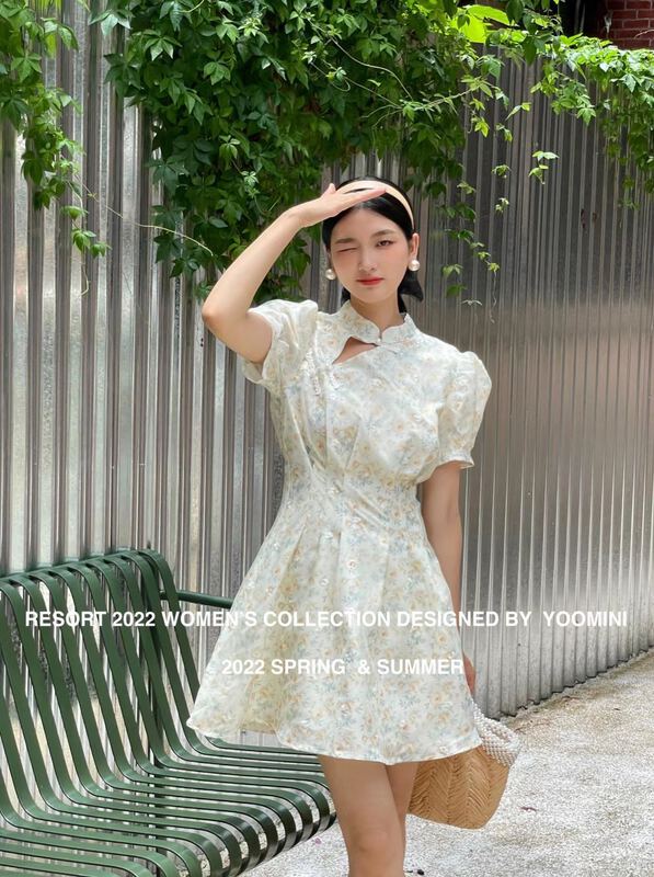 [yoomini] waist closing bubble sleeve temperament lady dress x16005\wpl