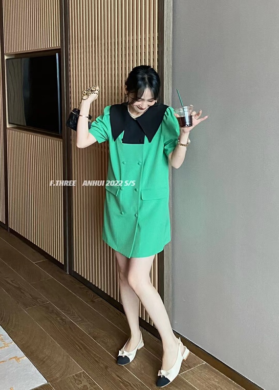 [f.three] collar contrast design single breasted suit dress (with belt) 95237\xj