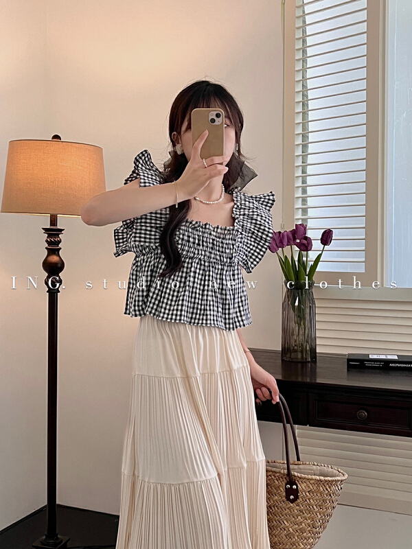 [ing] sweet flying Sleeve Plaid baby shirt 7872