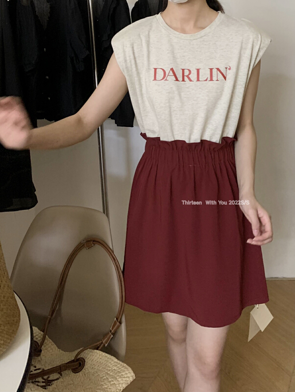 [thirten 13] Korean fake two pieces of simple letter printed sleeveless dress 1723\xyy