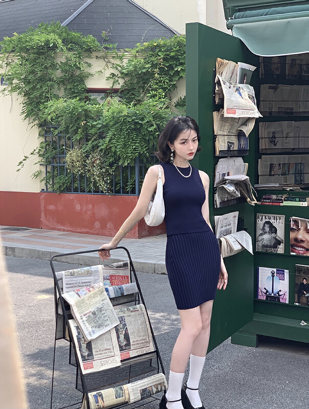 [savage] French retro sleeveless Knit Vest + high waist elastic waist bag hip skirt suit e8316\wpl