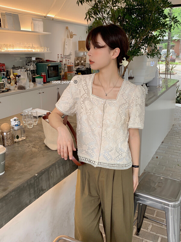 [seek peach] square neck lace embroidery versatile shirt 5202\ll