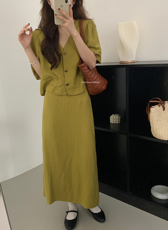 [jin.c] temperament commuter style V-neck short sleeve shirt + simple and versatile skirt set j175\xyy