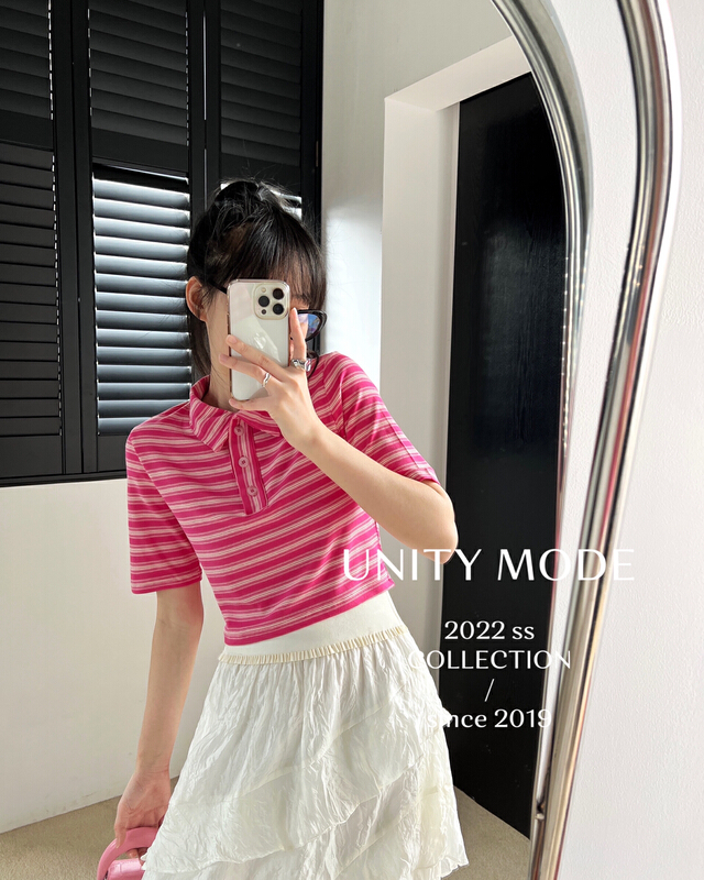 [unit] short stripe top women's short sleeve T-shirt (slim casual Polo) 8066\cqw