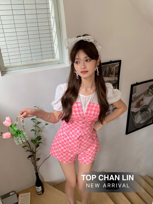 [top Chan Lin] color blocked bubble sleeve button up blouse + high waist versatile Denim Shorts Set 95199\jj