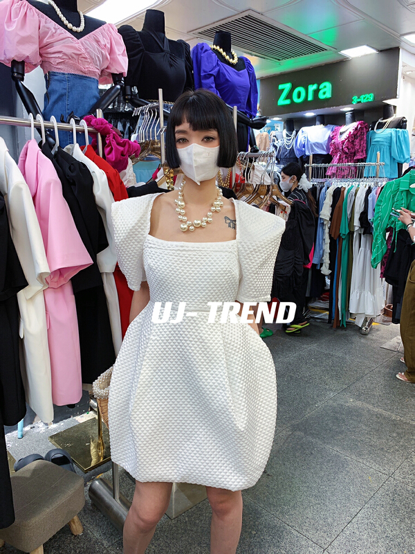 [ujtrend] French high waist short sleeve square neck bubble sleeve dress (dress only) 122\wtt