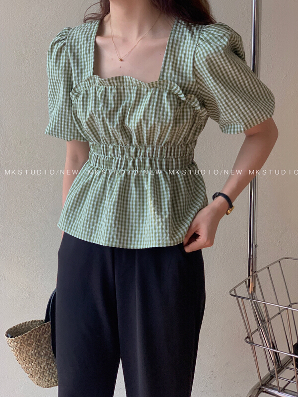 [chen/mk] simple and slim square neck plaid shirt 3306\hjy