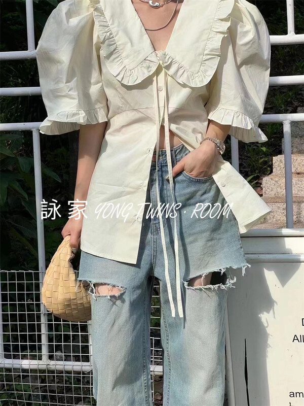 [Yong swimmer] fresh and simple baby collar wood ear single breasted shirt 076\wtt