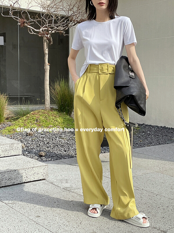 In early summer! [gracetina Hoo] high waist solid color silhouette draped casual pants (with belt) k9154\zxl