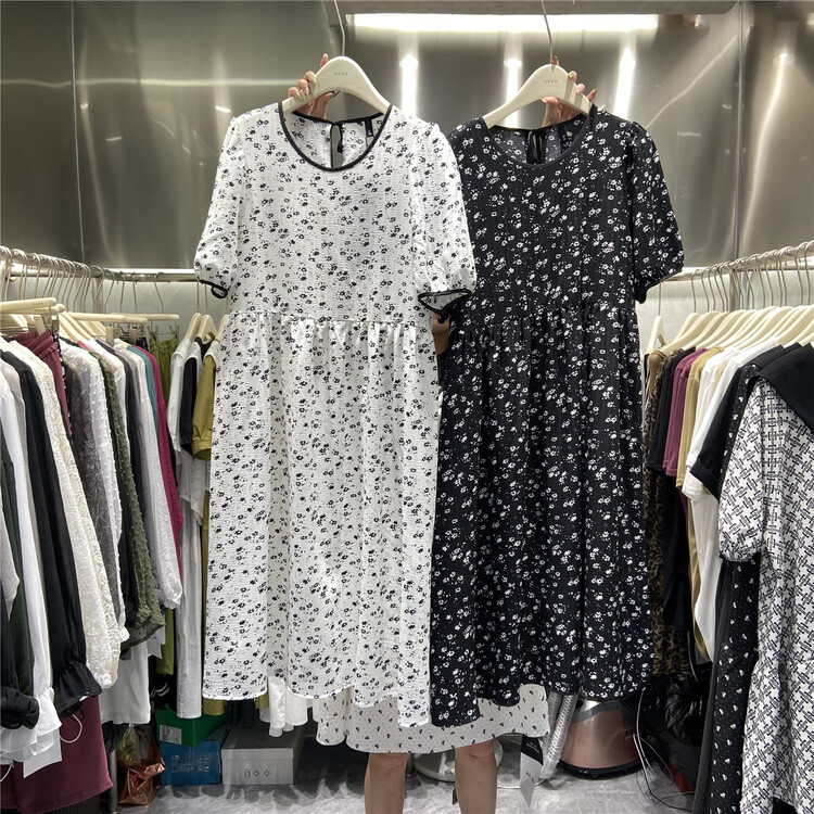 [akxk] lady floral round neck high waist dress 4706\l