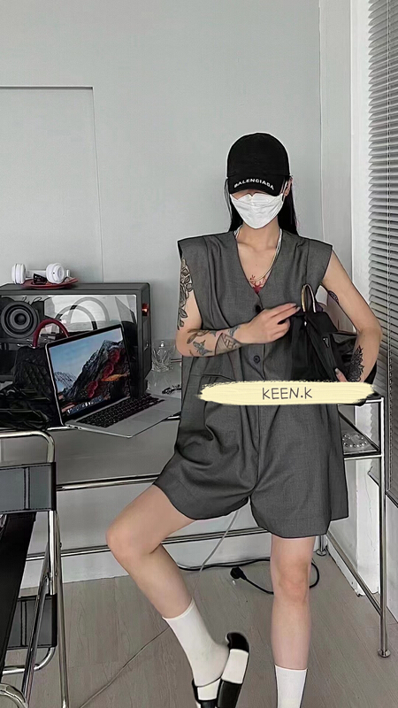 [keen k] design silhouette loose shoulder pad sleeveless Jumpsuit n57\wtt